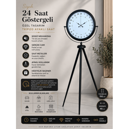 Siyah 24 Saat Göstergeli Özel Tasarım Tripod Ayaklı Saat