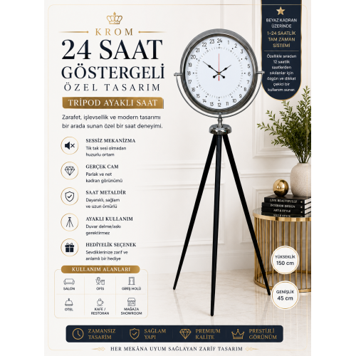 Krom 24 Saat Göstergeli Özel Tasarım Tripod Ayaklı Saat