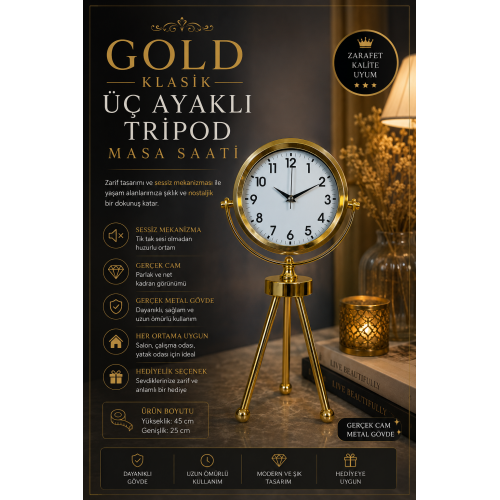 Gold Luxury Modern Üç Ayaklı Masa Saati
