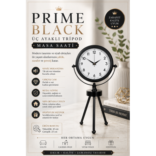Prime Black Zarif Üç Ayaklı Metal Masa Saati