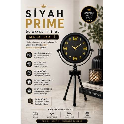 Siyah Metal Gold Rakamlı Üç Ayaklı Masa Saati