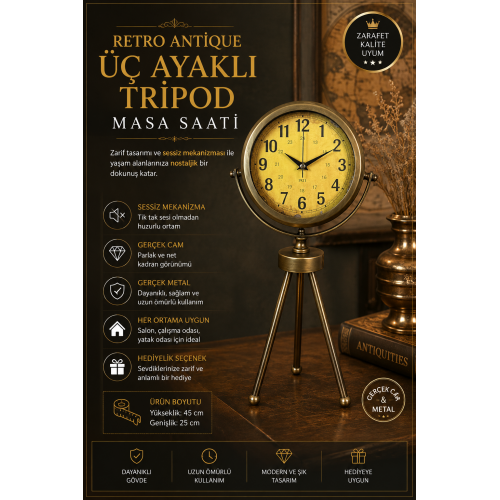 Retro Antique Üç Ayaklı Metal Eskitme Masa Saati
