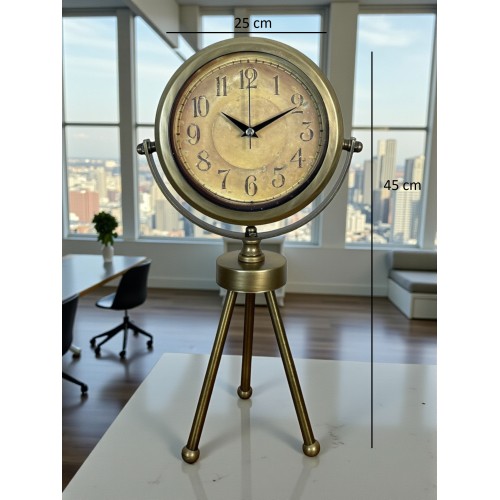 Eskitme Bronz Üç Ayaklı Metal Masa Saati