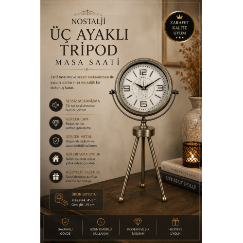 Nostalji Tripod Eskitme Üç Ayaklı Metal Masa Saati
