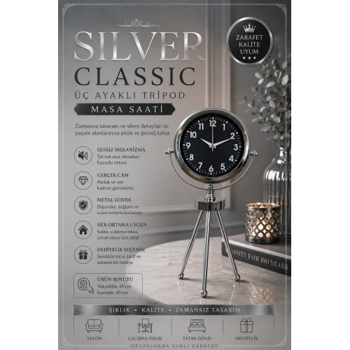 Silver Classic Tasarım Üç Ayaklı Metal Masa Saati