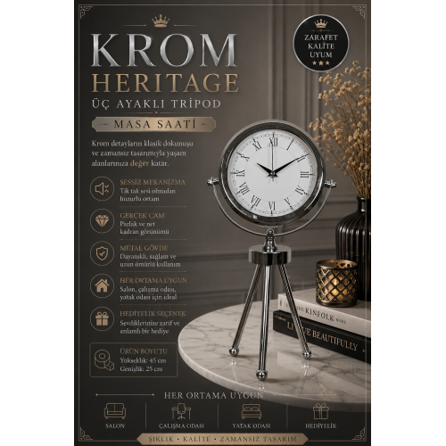 Silver Heritage Üç Ayaklı Krom Metal Masa Saati