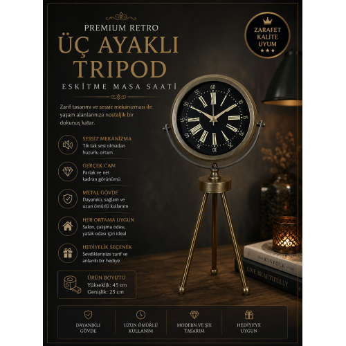Antique Black Eskitme Üç Ayaklı Masa Saati