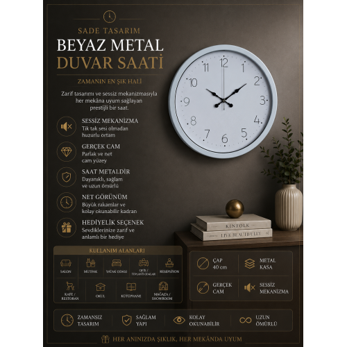 Sade Tasarım Beyaz 40 cm Metal Standart Duvar Saati