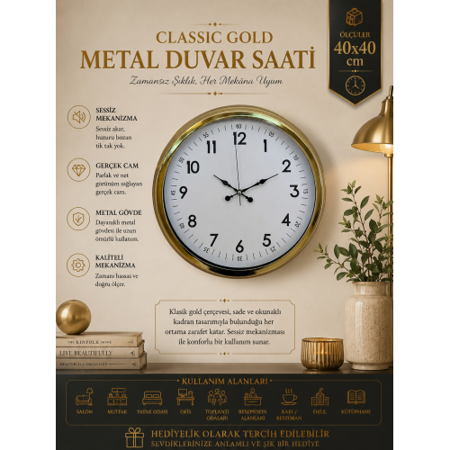 Classic White Gold 40 cm Metal Duvar Saati