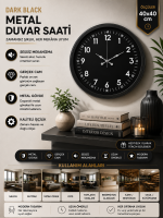 Pure Dark Black 40 cm Metal Duvar Saati