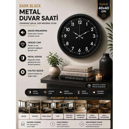 Pure Dark Black 40 cm Metal Duvar Saati