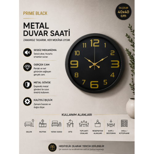 Prime Black 40 cm Metal Modern Tasarım Duvar Saati