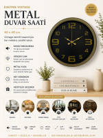 40 cm Metal Eskitme Vintage Duvar Saati – Modern Metal Altın Rakamlı