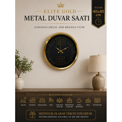 Elite Luxury Gold 40 cm Metal Duvar Saati
