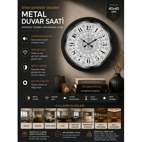 Şaheser Tasarım Zarif Desenli 40 cm Metal Duvar Saati