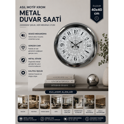 Asil Motif Krom 40 cm Metal Duvar Saati