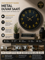 Siyah Standart 40 cm Metal Dekoratif Duvar Saati