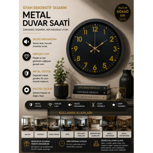 Siyah Standart 40 cm Metal Dekoratif Duvar Saati