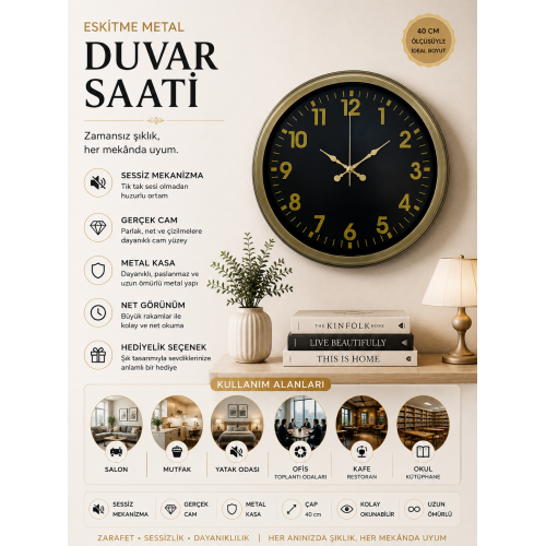 40 cm Metal Eskitme Klasik Duvar Saati