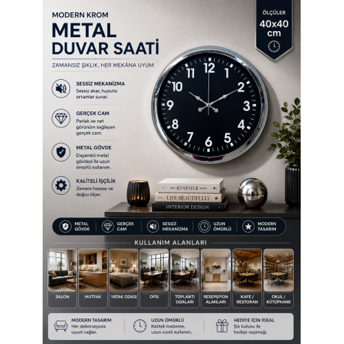 Modern 40 cm Metal Krom Standart Duvar Saati