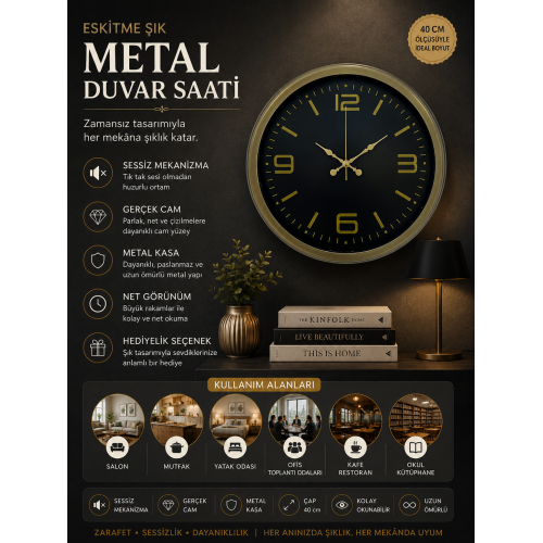 40 cm Metal Eskitme Vintage Duvar Saati – Şık Metal Altın Rakamlı