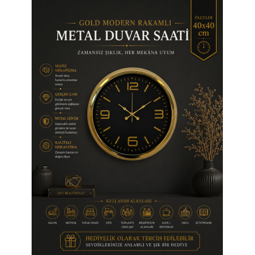 Gold Modern Rakamlı 40 cm Metal Duvar Saati