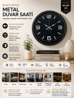 Black Royal Tasarım 40 cm Metal Duvar Saati