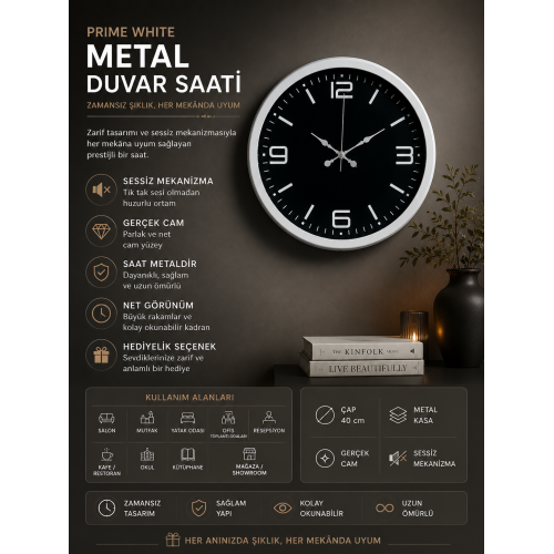 Prime White 40 cm Metal Modern Duvar Saati