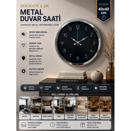 Dekoratif Ve Şık 40 cm Krom Metal Duvar Saati