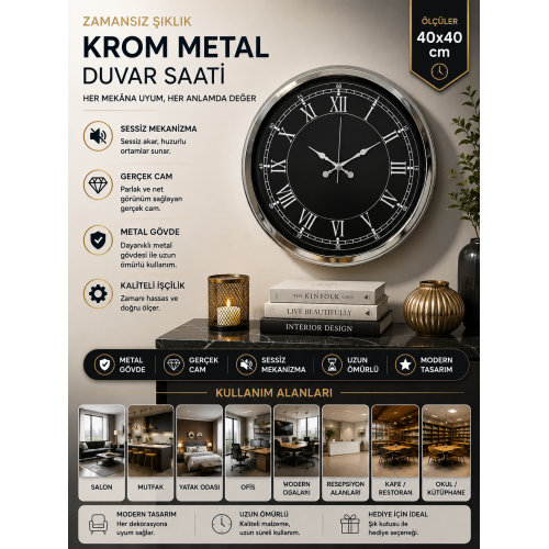 Elegance 40 cm Metal Krom Duvar Saati