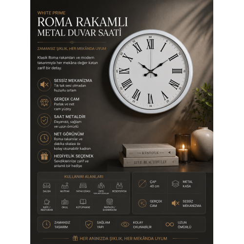 White Prime Roma Rakamlı 40 cm Metal Duvar Saati