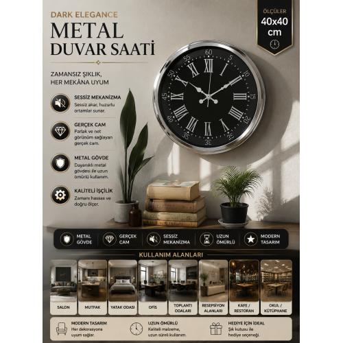 Dark Elegance 40 cm Metal Krom Duvar Saati