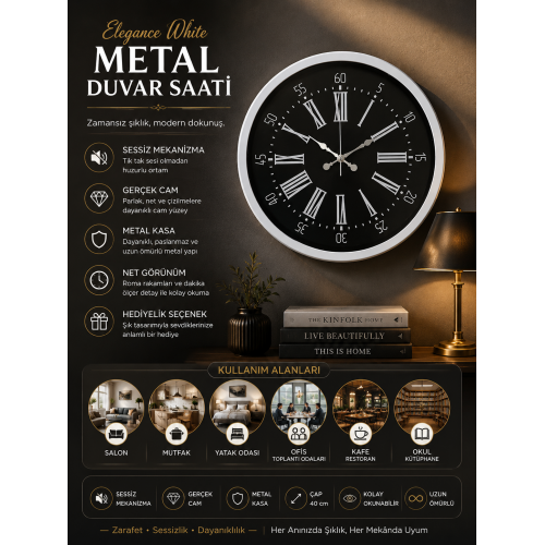 Elegance White 40 cm Metal Duvar Saati