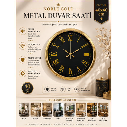 Noble Gold Black 40 cm Metal Duvar Saati