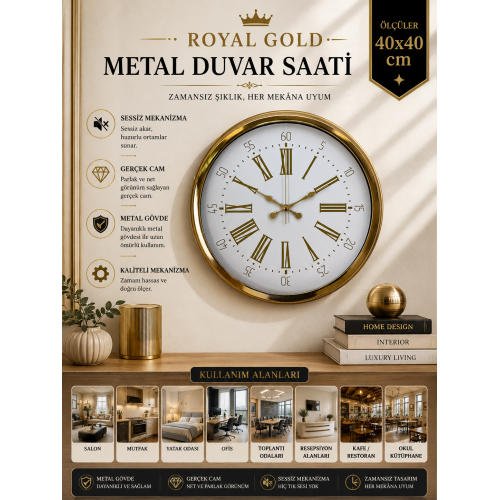 Royal Gold 40 cm Metal Duvar Saati