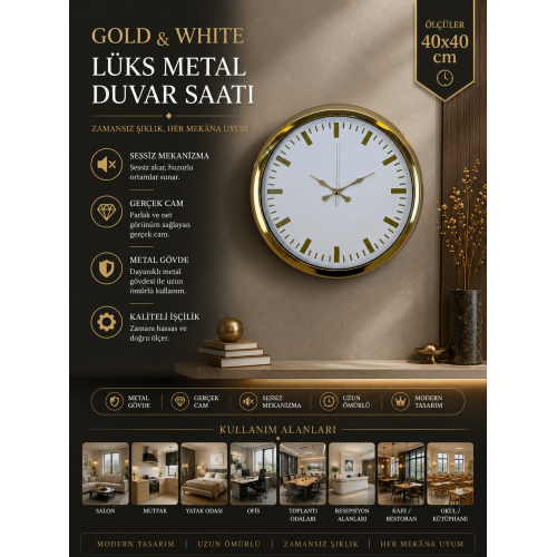 Gold & White Lüks Tasarım 40 cm Gold Metal Duvar Saati