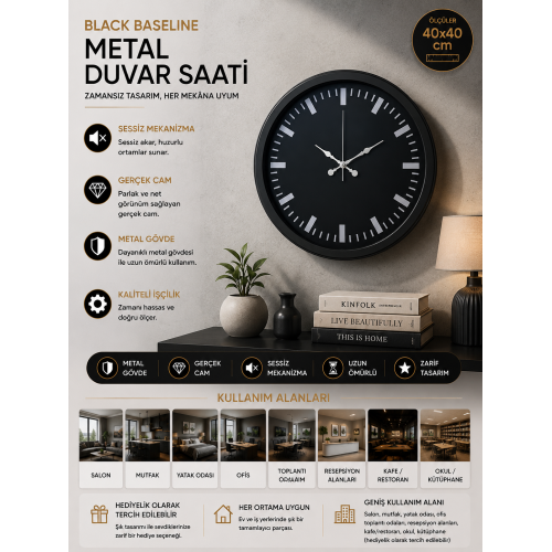Black Baseline 40 cm Metal Duvar Saati