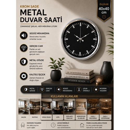 Elegance 40 cm Metal Dekoratif Duvar Saati