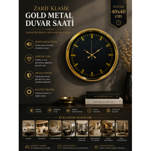 Zarif Klasik Stil 40 cm Metal Gold Duvar Saati