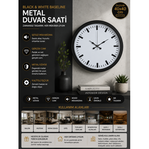 Black & White Baseline 40 cm Metal Duvar Saati