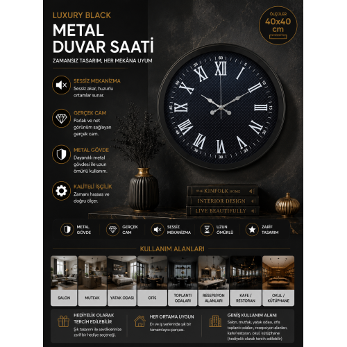 Luxury Black 40 cm Metal Duvar Saati