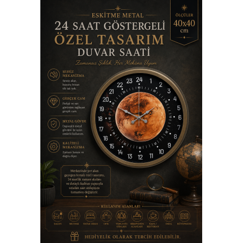 40 cm Eskitme Metal 24 Saat Göstergeli Özel Tasarım Duvar Saati (PL-4095E)