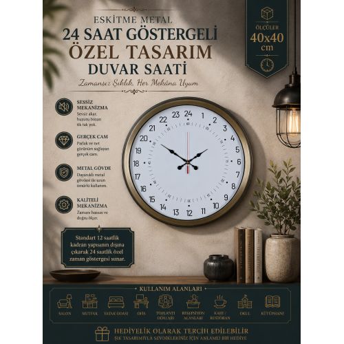 40 cm Eskitme Metal 24 Saat Göstergeli Özel Tasarım Duvar Saati (PL-4097E)