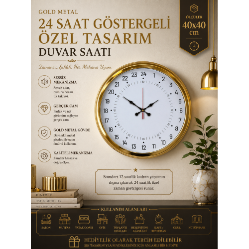 Gold 40 cm Metal 24 Saat Göstergeli Özel Tasarım Duvar Saati