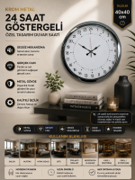 Krom 40 cm Metal 24 Saat Göstergeli Özel Tasarım Duvar Saati