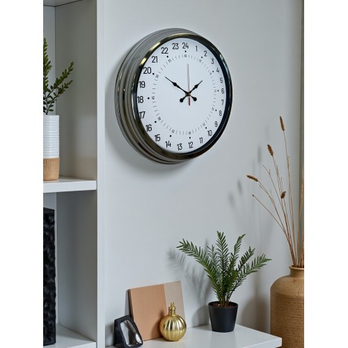 Krom 40 cm Metal 24 Saat Göstergeli Özel Tasarım Duvar Saati
