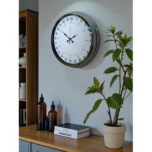 Krom 40 cm Metal 24 Saat Göstergeli Özel Tasarım Duvar Saati