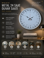 Beyaz 40 cm Metal 24 Saat Göstergeli Özel Tasarım Duvar Saati