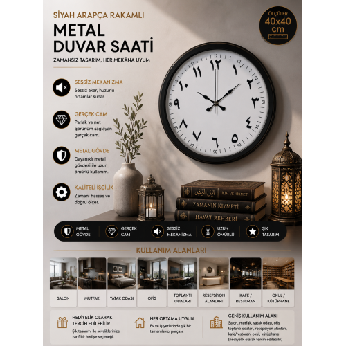 Siyah Arapça Rakamlı 40 cm Metal Duvar Saati