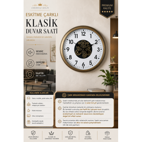 Eskitme 60 cm Çarklı Klasik Duvar Saati